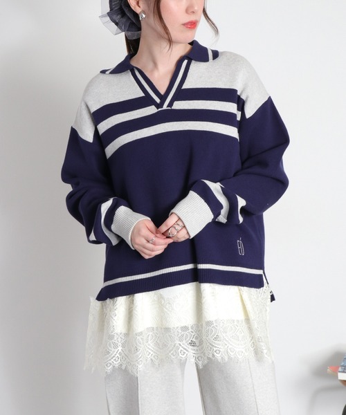 cepo(セポ)の「〈セットアップ対応〉スウェットライクニットポロ(ニット/セーター・レディース・ホワイト系/ネイビー系・M)」の1枚目の写真
