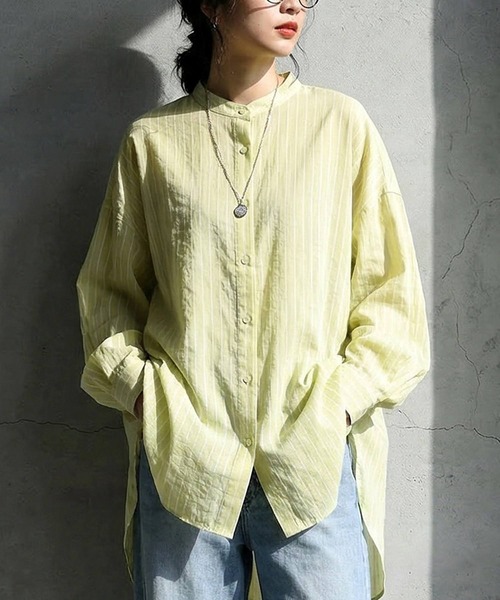antiqua(アンティカ)の「ストライプ柄 シャツ(シャツ/ブラウス・レディース・ライム/ホワイト/ライトブルー・ONESIZE)」の1枚目の写真