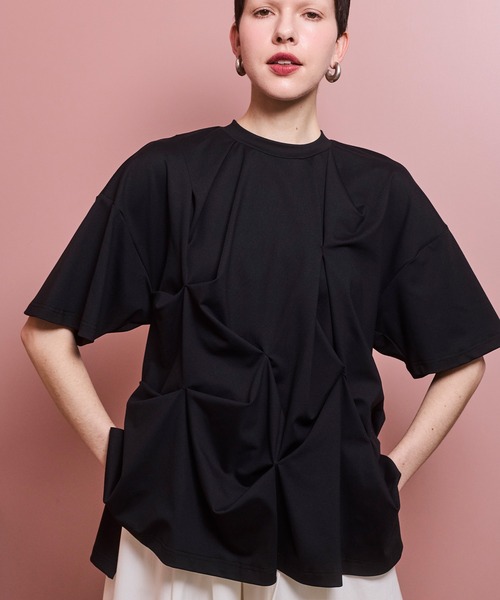 OMMO TUCK DRAPE T-SH 半袖 ブラック TUCK DRAPE T-SH（Tシャツ/カットソー）｜OMMO（オーエムエムオー）の