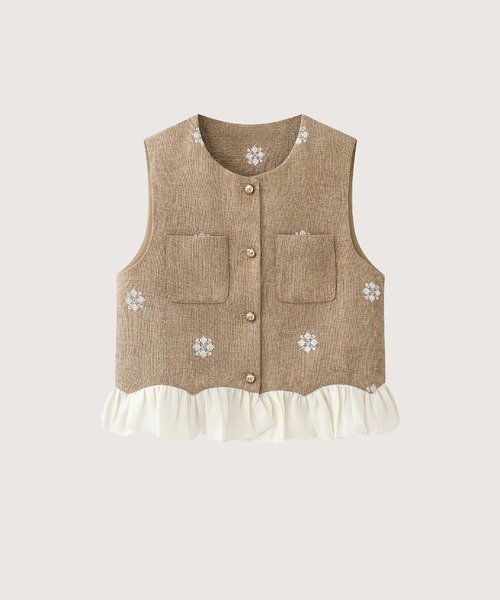 LA POMME petit(ラポミ・プチ)の「Flare Embroidery Vest Set Up(セットアップ・レディース・ベージュ・LARGE/MEDIUM/SMALL)」の2枚目の写真