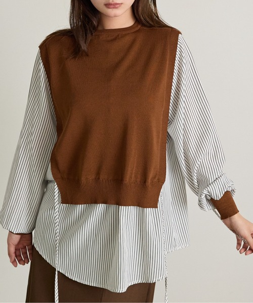 Siel(シエル)の「ボタン付きニットベスト シャツドッキングトップス(シャツ/ブラウス・レディース・ホワイト/ブラウン/ブラック・FREE)」の3枚目の写真