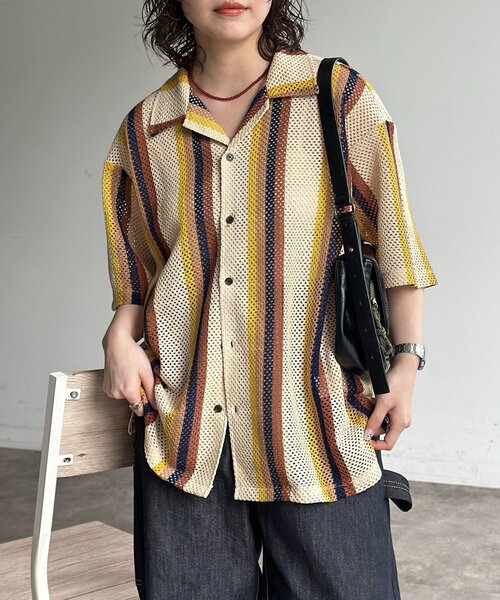 CPCM（シーピーシーエム）の「カラミストライプ半袖開襟シャツ（シャツ/ブラウス・レディース・アイボリー/ネイビー/ベージュ・MEDIUM/LARGE）」の2枚目の写真
