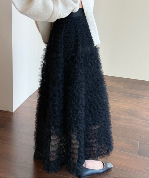 AMAJI（アマジ）の「チュールフリルティアードロングシアースカート（スカート・レディース・ブラック/ホワイト・FREE）」の2枚目の写真