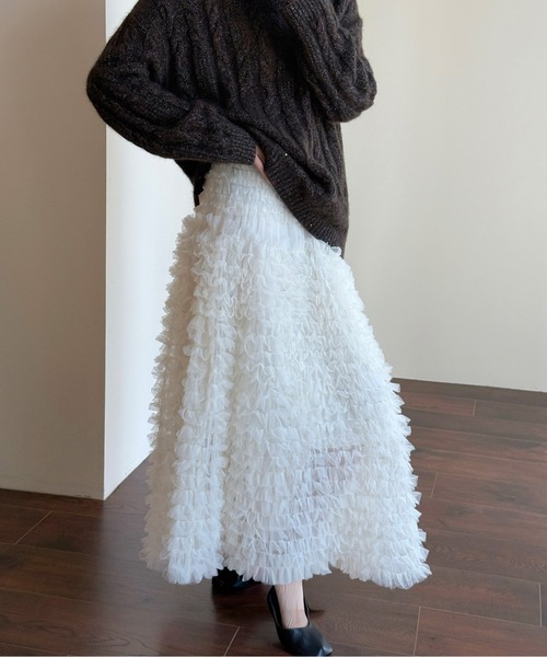 AMAJI（アマジ）の「チュールフリルティアードロングシアースカート（スカート・レディース・ブラック/ホワイト・FREE）」の3枚目の写真