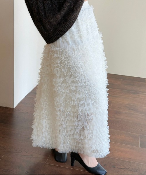 AMAJI（アマジ）の「チュールフリルティアードロングシアースカート（スカート・レディース・ブラック/ホワイト・FREE）」の4枚目の写真