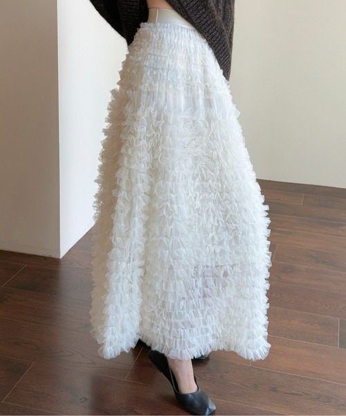 AMAJI（アマジ）の「チュールフリルティアードロングシアースカート（スカート・レディース・ブラック/ホワイト・FREE）」の5枚目の写真