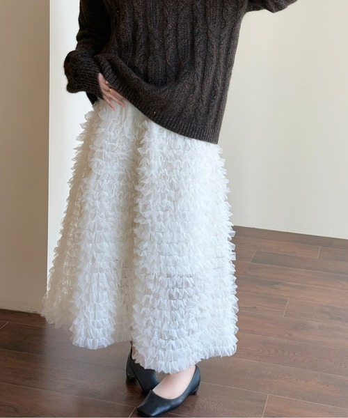 AMAJI（アマジ）の「チュールフリルティアードロングシアースカート（スカート・レディース・ブラック/ホワイト・FREE）」の7枚目の写真