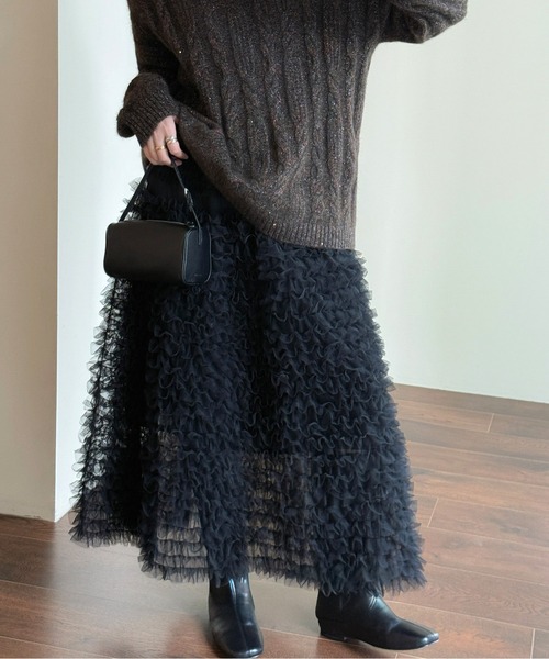 AMAJI（アマジ）の「チュールフリルティアードロングシアースカート（スカート・レディース・ブラック/ホワイト・FREE）」の8枚目の写真