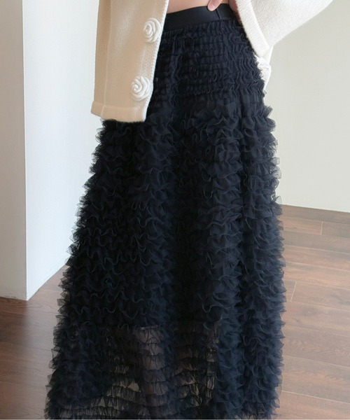 AMAJI（アマジ）の「チュールフリルティアードロングシアースカート（スカート・レディース・ブラック/ホワイト・FREE）」の9枚目の写真
