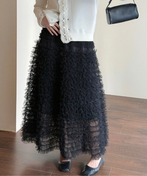 AMAJI（アマジ）の「チュールフリルティアードロングシアースカート（スカート・レディース・ブラック/ホワイト・FREE）」の11枚目の写真