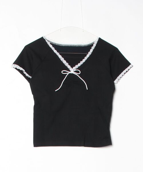 gossip!ロサンゼルス(ゴシップロサンゼルス)の「Y2K フロントリボン レーストリム タイト半袖Tシャツ(Tシャツ/カットソー・レディース・ブラック/ホワイト・M)」の5枚目の写真