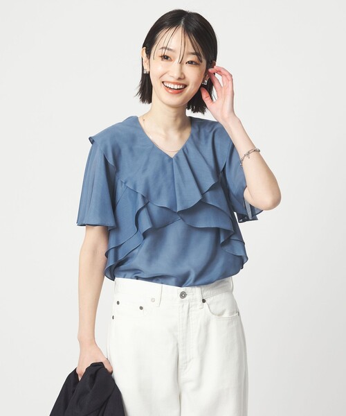 green label relaxing（グリーンレーベルリラクシング）の「ラッフル フレア ショートスリーブ ブラウス（シャツ/ブラウス・レディース・ロイヤルブルー/ナチュラル/ダークブラウン・FREE）」の4枚目の写真