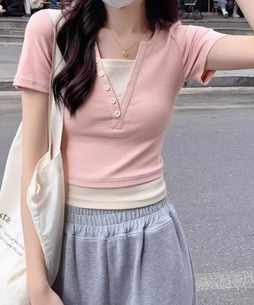 SallyLunn(サリーラン)の「フェイクツーピース キーネックカットソー(Tシャツ/カットソー・レディース・ネイビー/ピンク・MEDIUM/LARGE)」の2枚目の写真