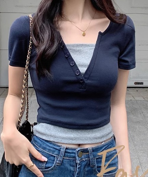SallyLunn(サリーラン)の「フェイクツーピース キーネックカットソー(Tシャツ/カットソー・レディース・ネイビー/ピンク・MEDIUM/LARGE)」の4枚目の写真
