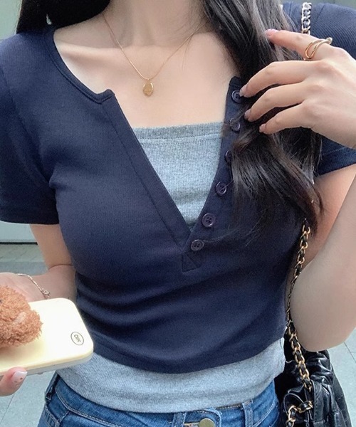 SallyLunn(サリーラン)の「フェイクツーピース キーネックカットソー(Tシャツ/カットソー・レディース・ネイビー/ピンク・MEDIUM/LARGE)」の5枚目の写真