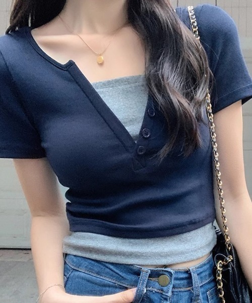 SallyLunn(サリーラン)の「フェイクツーピース キーネックカットソー(Tシャツ/カットソー・レディース・ネイビー/ピンク・MEDIUM/LARGE)」の6枚目の写真