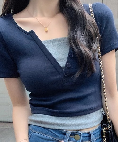 SallyLunn(サリーラン)の「フェイクツーピース キーネックカットソー(Tシャツ/カットソー・レディース・ネイビー/ピンク・MEDIUM/LARGE)」の9枚目の写真