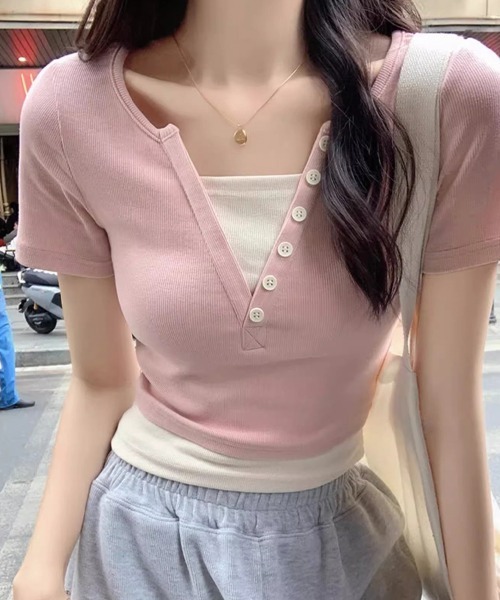 SallyLunn(サリーラン)の「フェイクツーピース キーネックカットソー(Tシャツ/カットソー・レディース・ネイビー/ピンク・MEDIUM/LARGE)」の12枚目の写真