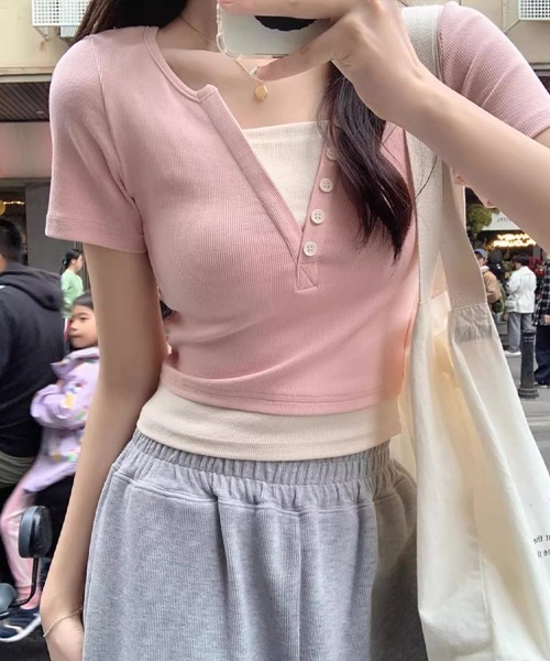SallyLunn(サリーラン)の「フェイクツーピース キーネックカットソー(Tシャツ/カットソー・レディース・ネイビー/ピンク・MEDIUM/LARGE)」の13枚目の写真