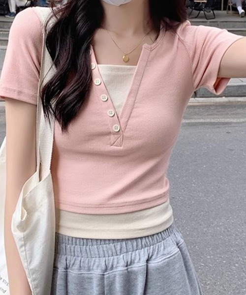SallyLunn(サリーラン)の「フェイクツーピース キーネックカットソー(Tシャツ/カットソー・レディース・ネイビー/ピンク・MEDIUM/LARGE)」の15枚目の写真