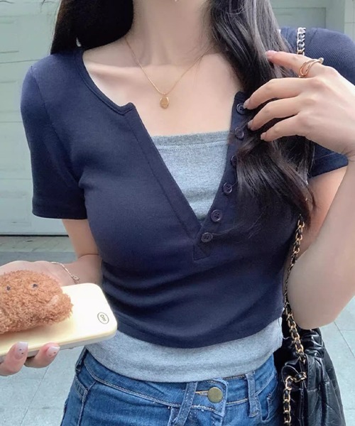 SallyLunn(サリーラン)の「フェイクツーピース キーネックカットソー(Tシャツ/カットソー・レディース・ネイビー/ピンク・MEDIUM/LARGE)」の8枚目の写真