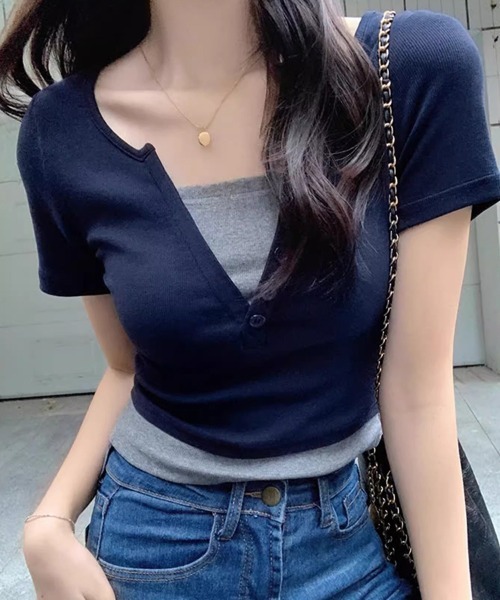 SallyLunn(サリーラン)の「フェイクツーピース キーネックカットソー(Tシャツ/カットソー・レディース・ネイビー/ピンク・MEDIUM/LARGE)」の7枚目の写真