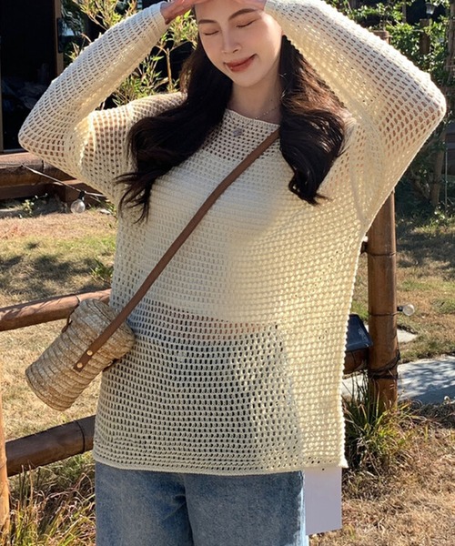 LAFFMO（ラフモ）の「ボートネックメッシュニット（ニット/セーター・レディース・パープル/ベージュ/ブルー・F）」の2枚目の写真