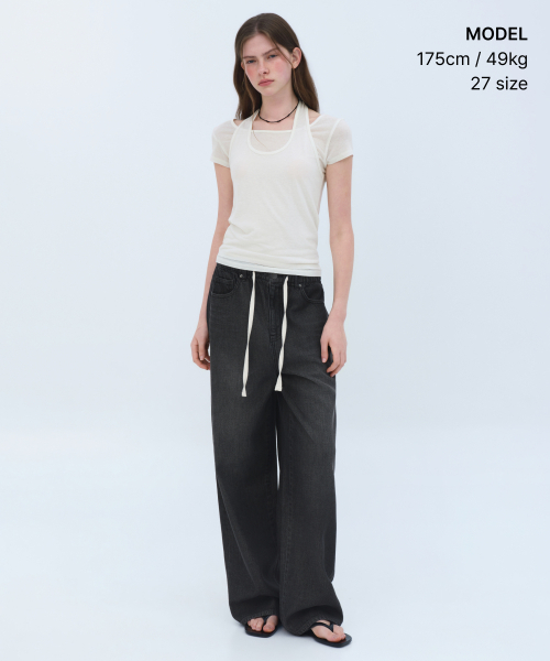 MUSINSA STANDARD WOMAN（ムシンサスタンダードウーマン）の「ウィメンズテンセルワイドバンディングデニムパンツ[ウォッシュドブラック]（デニムパンツ・レディース・その他・24/26/28/30）」の2枚目の写真