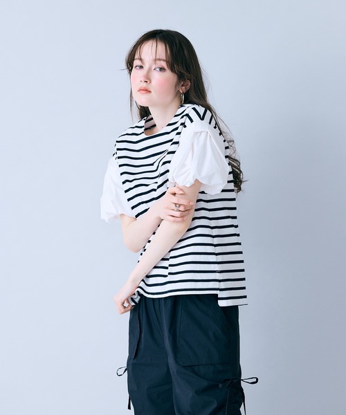 Audie a Muses(オーディアミューズ)の「リボンスリーブカットソー(Tシャツ/カットソー・レディース・オフホワイト/ブラック・42/38)」の1枚目の写真