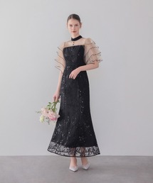 LEJA】ビジューカラーフラワーフリルマーメイドワンピースドレス美脚