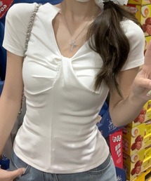 Vネック ツイスト デザイン 半袖Tシャツ