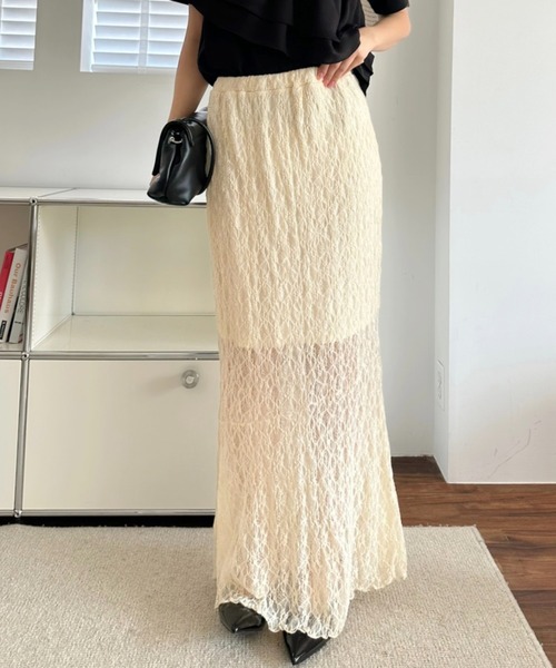 umune（ウムネ）の「ナロースカート タイト レース シアー 透け感 アシンメトリー 切り替え ロング マキシ ボトムス フェミニン 夏（スカート・レディース・チャコールグレー/アイボリー/ブラック・FREE）」の11枚目の写真