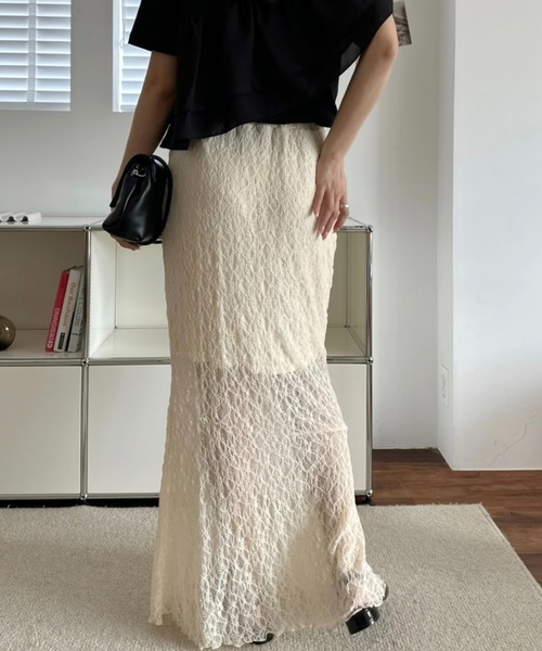 umune（ウムネ）の「ナロースカート タイト レース シアー 透け感 アシンメトリー 切り替え ロング マキシ ボトムス フェミニン 夏（スカート・レディース・チャコールグレー/アイボリー/ブラック・FREE）」の15枚目の写真