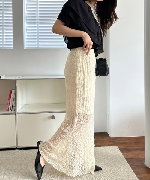 umune（ウムネ）の「ナロースカート タイト レース シアー 透け感 アシンメトリー 切り替え ロング マキシ ボトムス フェミニン 夏（スカート・レディース・チャコールグレー/アイボリー/ブラック・FREE）」の14枚目の写真