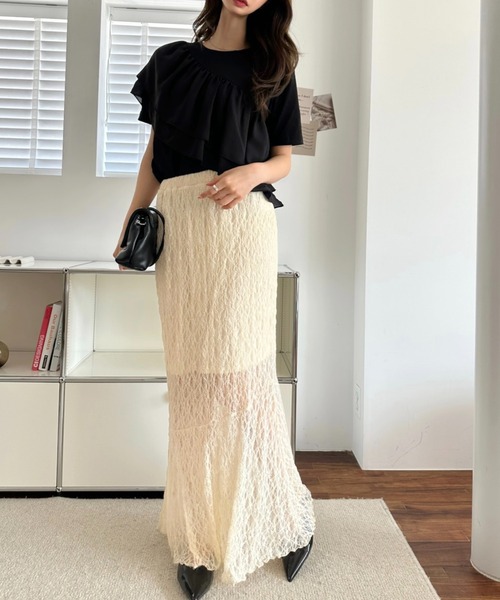 umune（ウムネ）の「ナロースカート タイト レース シアー 透け感 アシンメトリー 切り替え ロング マキシ ボトムス フェミニン 夏（スカート・レディース・チャコールグレー/アイボリー/ブラック・FREE）」の12枚目の写真