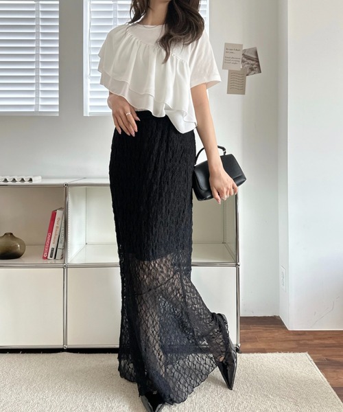 umune（ウムネ）の「ナロースカート タイト レース シアー 透け感 アシンメトリー 切り替え ロング マキシ ボトムス フェミニン 夏（スカート・レディース・チャコールグレー/アイボリー/ブラック・FREE）」の19枚目の写真