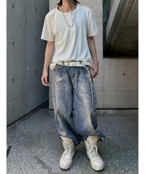 Never mind the XU / Chikashitsu+(ネバーマインド ザ エックスユー / チカシツプラス)の「【nmtc+】Shoulder Henley Eyelet Tee / 【エヌエムティーシープラス】アイレットヘンリーネックTシャツ(Tシャツ/カットソー・メンズ・ブラック/チャコール/アイボリー・ONE SIZE)」の7枚目の写真