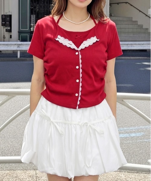 FUN（ファン）の「レースフェイクプルオーバー（Tシャツ/カットソー・レディース・グレー/ブラック/レッド/ドット・FREE）」の4枚目の写真