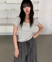 フロントボタン ボーダー パンチング Uネック 半袖 Tシャツ