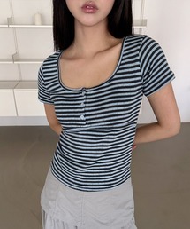 フロントボタン ボーダー パンチング Uネック 半袖 Tシャツ