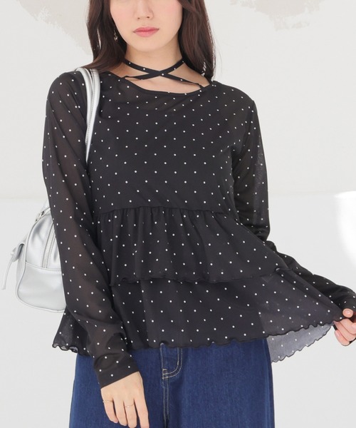 Honeys(ハニーズ)の「シアーペプラムトップス(Tシャツ/カットソー・レディース・ブラック×ホワイト/ブラウン系その他2/ホワイト×ブラック・L/M/S)」の2枚目の写真
