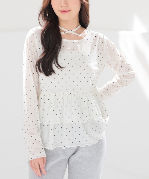 Honeys(ハニーズ)の「シアーペプラムトップス(Tシャツ/カットソー・レディース・ブラック×ホワイト/ブラウン系その他2/ホワイト×ブラック・L/M/S)」の5枚目の写真