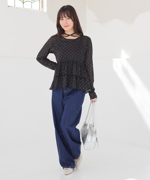 Honeys(ハニーズ)の「シアーペプラムトップス(Tシャツ/カットソー・レディース・ブラック×ホワイト/ブラウン系その他2/ホワイト×ブラック・L/M/S)」の8枚目の写真