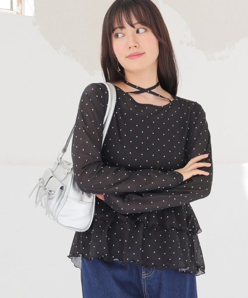 Honeys(ハニーズ)の「シアーペプラムトップス(Tシャツ/カットソー・レディース・ブラック×ホワイト/ブラウン系その他2/ホワイト×ブラック・L/M/S)」の10枚目の写真