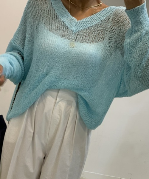 FACTOTUM(ファクトタム)の「Vネック前後2wayカーディガン(Tシャツ/カットソー・レディース・ブルー/ピンク/グレー/ベージュ/ブラック/ホワイト/グリーン・FREE)」の6枚目の写真