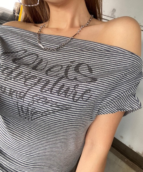 non-hedge(ノンヘッジ)の「ボーダーロゴオフショルダーTシャツ(Tシャツ/カットソー・レディース・グレー/オフホワイト・FREE)」の10枚目の写真