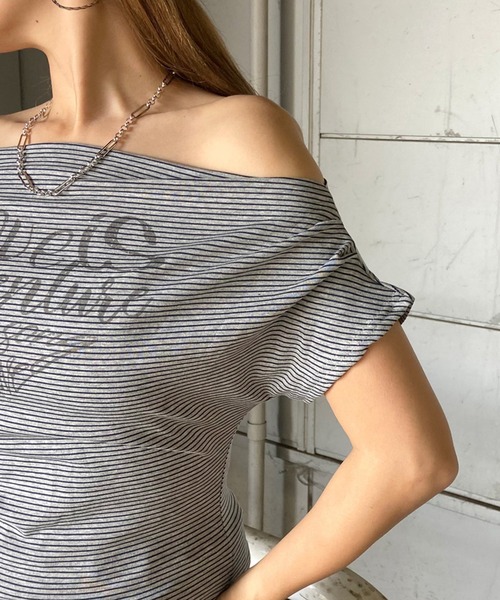 non-hedge(ノンヘッジ)の「ボーダーロゴオフショルダーTシャツ(Tシャツ/カットソー・レディース・グレー/オフホワイト・FREE)」の13枚目の写真