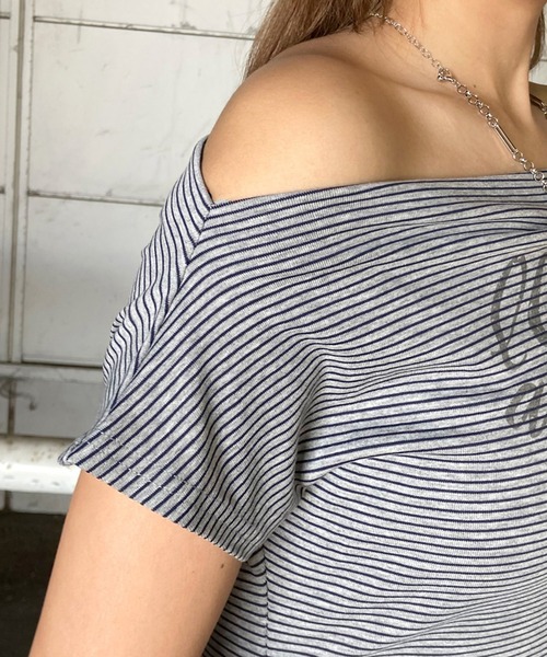 non-hedge(ノンヘッジ)の「ボーダーロゴオフショルダーTシャツ(Tシャツ/カットソー・レディース・グレー/オフホワイト・FREE)」の15枚目の写真
