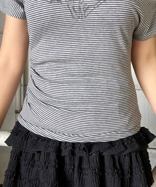 non-hedge(ノンヘッジ)の「ボーダーロゴオフショルダーTシャツ(Tシャツ/カットソー・レディース・グレー/オフホワイト・FREE)」の16枚目の写真