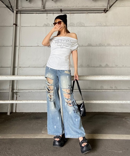 non-hedge(ノンヘッジ)の「ボーダーロゴオフショルダーTシャツ(Tシャツ/カットソー・レディース・グレー/オフホワイト・FREE)」の18枚目の写真